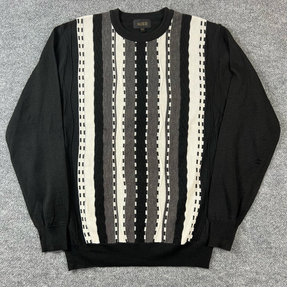 Miko Sweater Mens‎ L Black 3D Knit Textured Geometric Stretch Retro 80s Grandpa